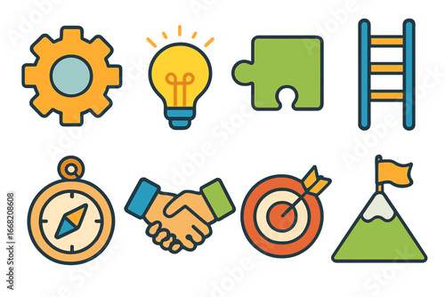 Colorful Workplace Icons. Flat vector mini-illustrations Adapting to workplace change in colors children's
