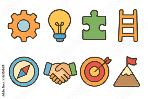 Colorful Workplace Icons. Flat vector mini-illustrations Adapting to workplace change in colors children's