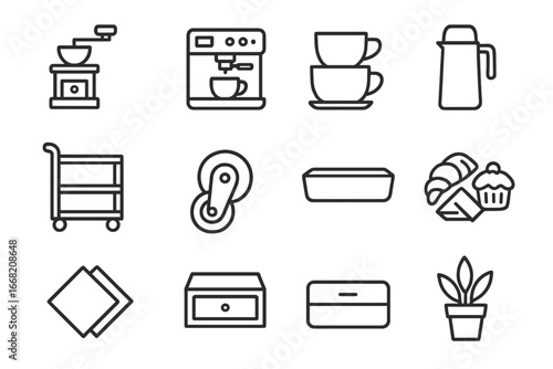 Coffee Trolley Icons. Outline icon set of coffee serving trolley design: coffee grinder, espresso machine,