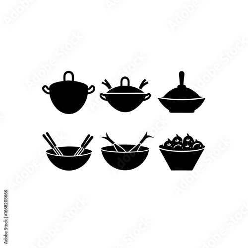 6 different stir fry wok silhouette vector icons s