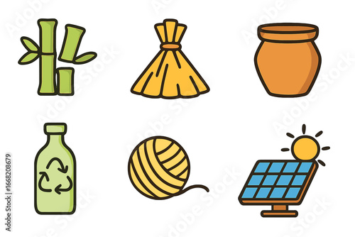 Children's Eco Icons. Flat vector mini-illustrations Renewable resources in design in colors children's