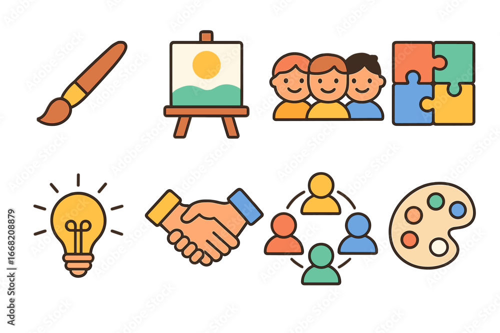 Fototapeta premium Collaborative Art Icons. Flat vector mini-illustrations Collaborative art projects in colors children's