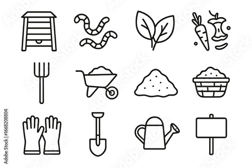 Community Compost Icon Set. Outline icon set of community composting: compost bin, worms, leaves, vegetable