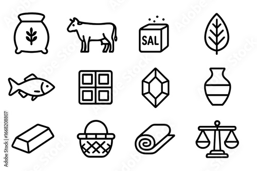 Outline Commodity Icons. Outline icon set of commodity money: wheat sack, cow, salt block, tobacco leaf, fish,