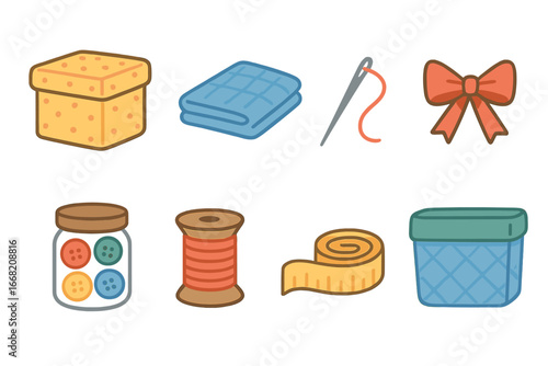 Colorful Craft Supplies. Flat vector mini-illustrations Fabric-covered boxes in colors children's