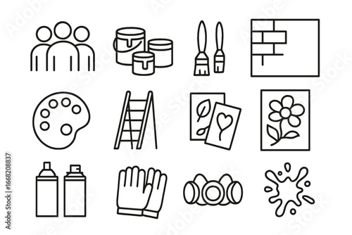 Community Mural Icons. Outline icon set of community mural painting: group of artists, paint buckets, brushes,