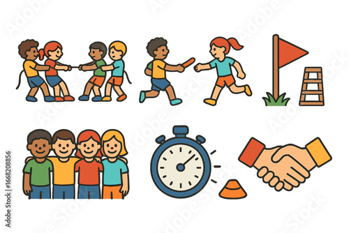 Children's Outdoor Games Icons. Flat vector mini-illustrations Outdoor team-building games in colors