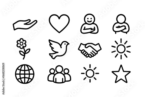 Compassion Icon Set. Outline icon set of compassion practice: open hand, heart, smile, hug, flower, dove,