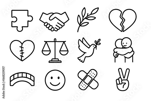 Conflict Resolution Icons. Outline icon set of overcoming conflicts in friendships: puzzle piece, handshake,