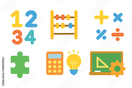 Children's Math Icons. Flat vector mini-illustrations Math games for children in colors children's