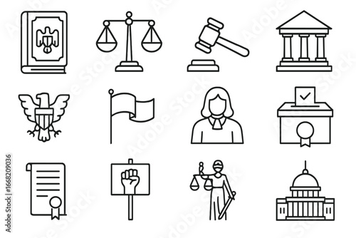Constitutional Law Icons. Outline icon set of constitutional law symbols: constitution book, scales, gavel,