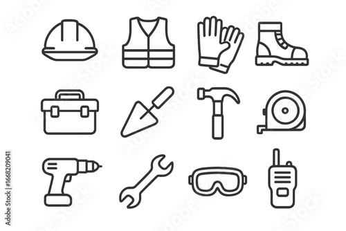 Construction Essentials Icons. Outline icon set of construction workers: helmet, safety vest, gloves,