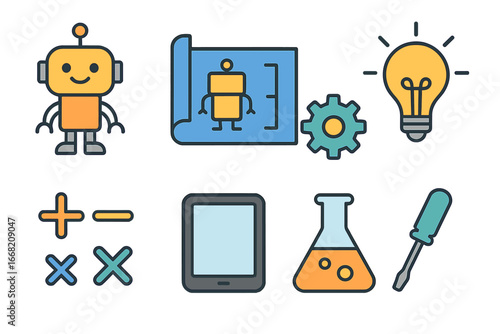 Future Inventors Icons. Flat vector mini-illustrations Future inventors program in colors children's
