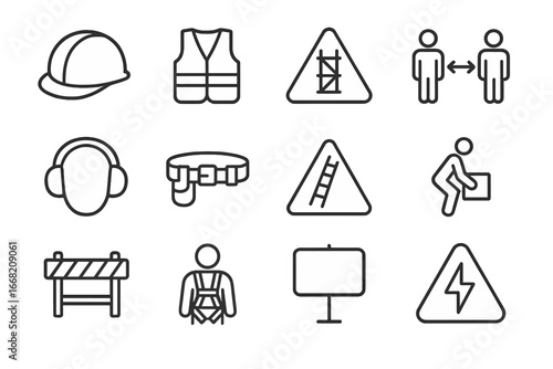 Construction Safety Icons. Outline icon set of construction safety signs: helmet zone, reflective vest,