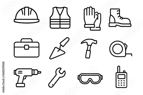 Construction Essentials Icons. Outline icon set of construction workers: helmet, safety vest, gloves,