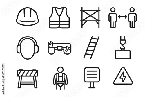 Construction Safety Icons. Outline icon set of construction safety signs: helmet zone, reflective vest,