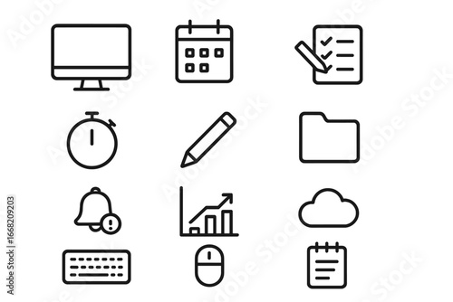 Content Planner Icons. Outline icon set of content planner interface: desktop monitor, calendar, checklist,