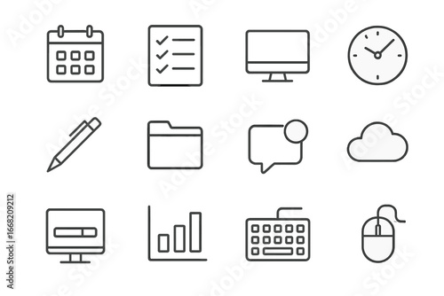 Content Planner Icons. Outline icon set of content planning dashboard: calendar, checklist, desktop monitor,