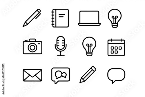Content Creation Icons. Outline icon set of content creation: pen, notebook, laptop, camera, microphone, idea