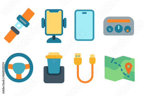 Driving Essentials for Kids. Flat vector mini-illustrations Everyday driving essentials in colors children's