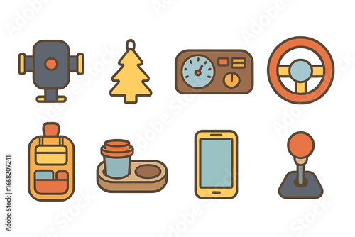 Car Accessories Icons. Flat vector mini-illustrations Car interior accessories in colors children's