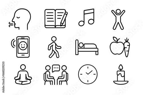 Coping Strategies Icons. Outline icon set of Coping strategies: deep breath, journal, music, exercise, call
