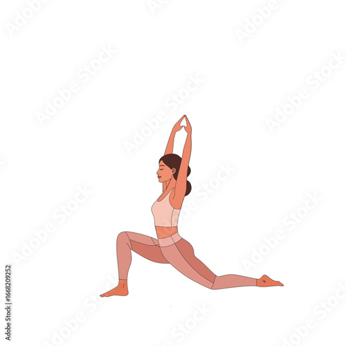 A serene woman in a yoga pose, specifically a low lunge with arms raised (Anjaneyasana). 