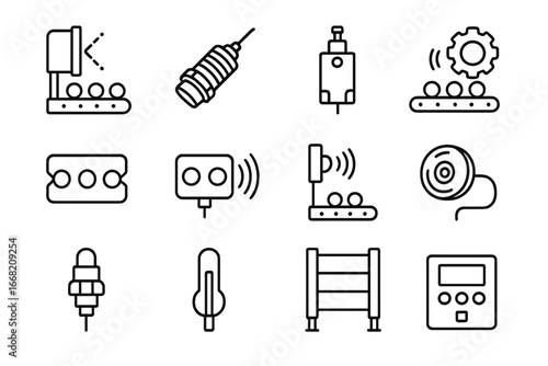 Conveyor Sensor Icons. Outline icon set of conveyor system sensors: photoelectric sensor, proximity sensor,