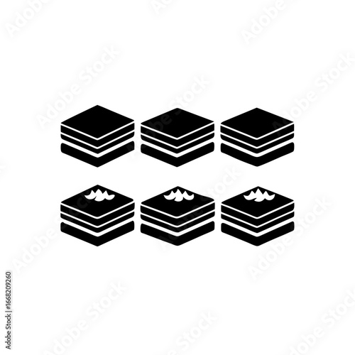 6 different tiramisu slice silhouette vector icons