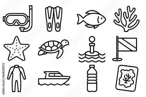 Coral Reef Icons. Outline icon set of coral reef protection trips: snorkel mask, fins, fish, coral, starfish,