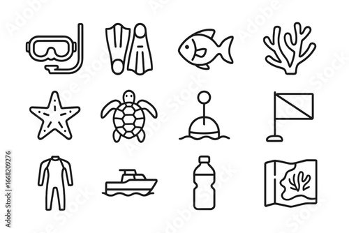 Coral Reef Icons. Outline icon set of coral reef protection trips: snorkel mask, fins, fish, coral, starfish,