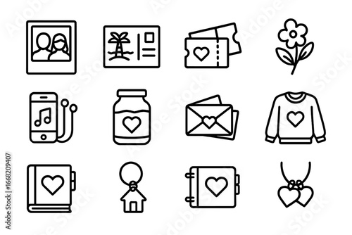 Couple Memory Icons. Outline icon set of couple memories: polaroid photo, travel postcard, saved ticket,