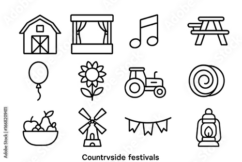 Countryside Festival Icons. Outline icon set of countryside festivals: barn, stage, music note, picnic table,