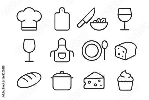 Couple's Cooking Icons. Outline icon set of couple’s cooking nights: chef hat, cutting board, knife, salad