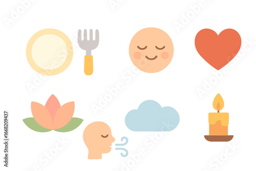 Mindful Eating Icons. Flat vector mini-illustrations Mindful eating habits in colors children's illustrations: