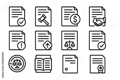 Court Ruling Icon Set. Outline icon set of court rulings and orders: verdict document, injunction, monetary