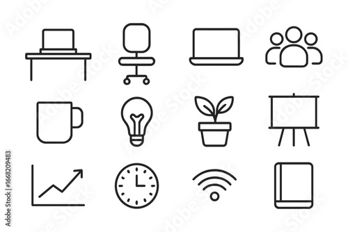 Coworking Icons Grid. Outline icon set of coworking space: desk, chair, laptop, group of people, coffee mug,