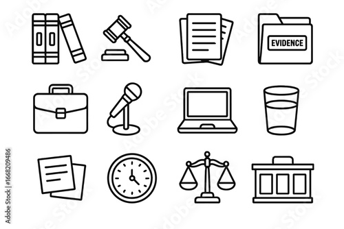 Courtroom Icon Set. Outline icon set of courtroom preparation: law books, gavel, legal pads, evidence folder,