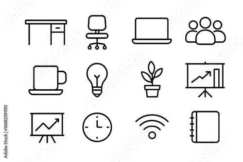 Coworking Icons Grid. Outline icon set of coworking space: desk, chair, laptop, group of people, coffee mug,