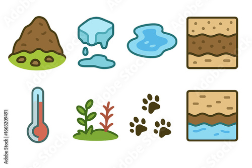 Thawing Soil Illustrations. Flat vector mini-illustrations Soil erosion in thawing regions in colors