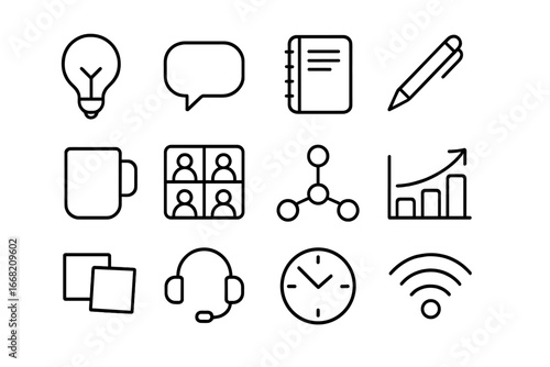 Creative Brainstorming Icons. Outline icon set of creative brainstorming calls: lightbulb, speech bubble,
