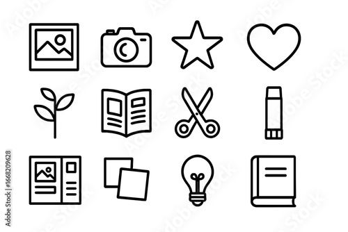 Creative Icons Grid. Outline icon set of inspirational visuals: photograph, camera, star, heart, plant,