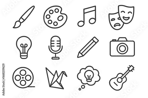 Creative Icon Grid. Outline icon set of youth creativity: paintbrush, palette, music note, theater mask, light