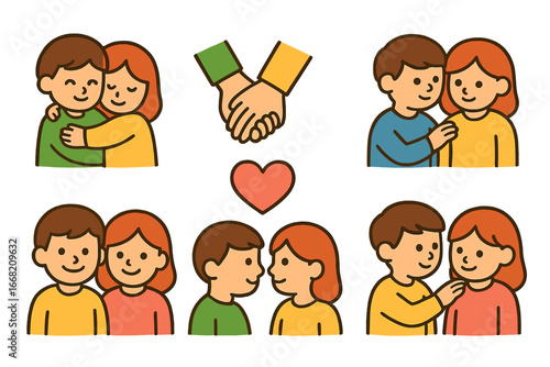 Love Expressions Icons. Flat vector mini-illustrations Non-verbal love expressions in colors children's