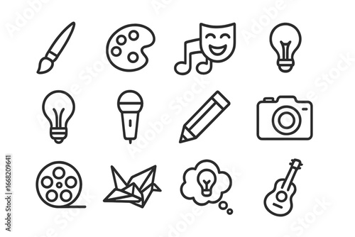 Creative Icon Grid. Outline icon set of youth creativity: paintbrush, palette, music note, theater mask, light