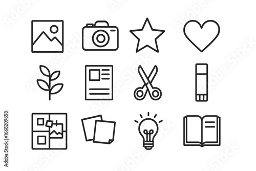 Creative Icons Grid. Outline icon set of inspirational visuals: photograph, camera, star, heart, plant,