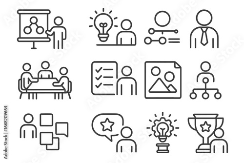 Creative Leadership Icons. Outline icon set of team leaders guiding creative projects: brainstorming board,
