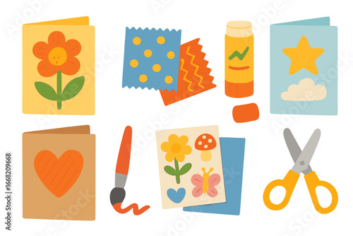 Colorful Craft Icons. Flat vector mini-illustrations Mixed-media greeting cards in colors children's