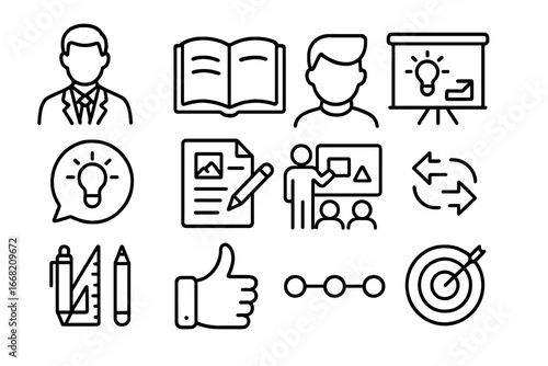 Creative Mentorship Icons. Outline icon set of mentoring creative professionals: mentor icon, mentee icon,