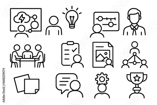 Creative Leadership Icons. Outline icon set of team leaders guiding creative projects: brainstorming board,